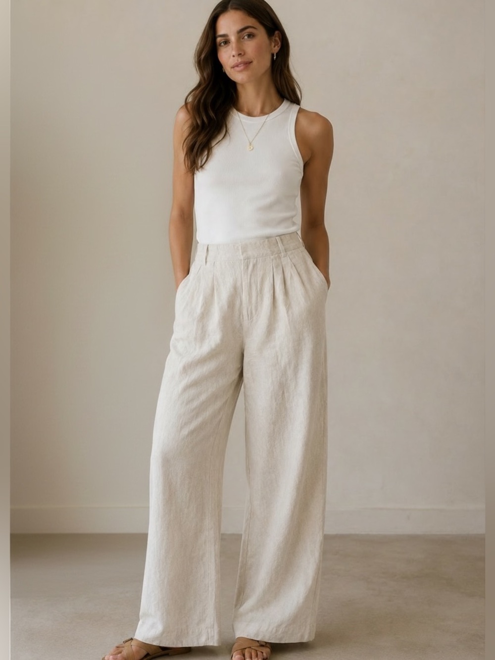 POSSE 100% Linen Wide Leg Pants High Rise Oatmeal Natural Size M NWT